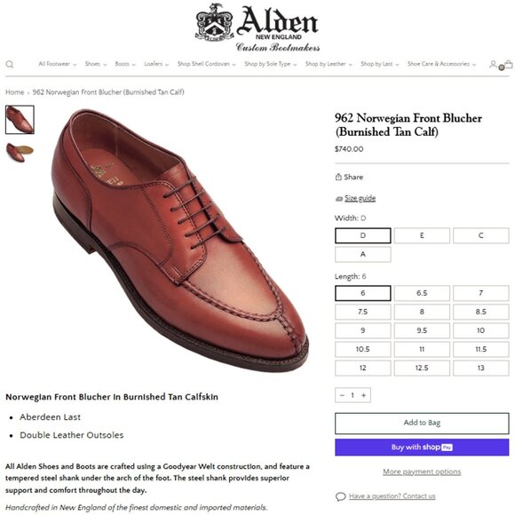 Alden 962 Norwegian Front Blucher Burnished Tan Calf Leather Mens 11 Dress Shoes - Picture 5 of 12